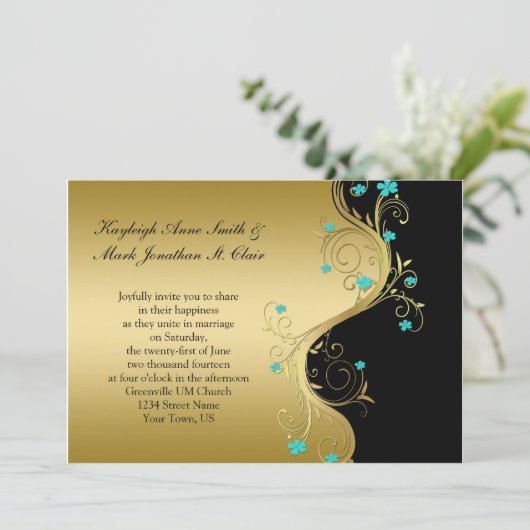 ヴィンテージティール（緑がかった色）ブラックと金ゴールド結婚式招待状 招待状 (スタンド正面)