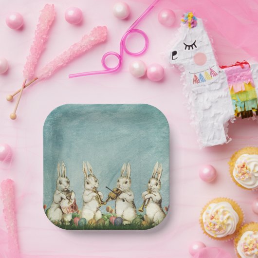 ヴィンテージティール（緑がかった色）ブルーおもしろいイースターウサギと卵  ペーパープレート (パーティー)