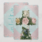 ヴィンテージティール（緑がかった色）ブルーとピンクのファーストコミューン 招待状 (正面/裏面)