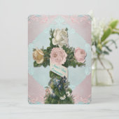 ヴィンテージティール（緑がかった色）ブルーとピンクのファーストコミューン 招待状 (スタンド正面)