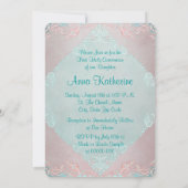 ヴィンテージティール（緑がかった色）ブルーとピンクのファーストコミューン 招待状 (裏面)