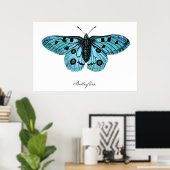 ヴィンテージティール(緑がかった色)ブルーバタフライイラストレーション- 1800s ポスター (ホームオフィス)