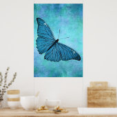 ヴィンテージティール(緑がかった色)ブルーバタフライ1800sイラストレーション ポスター (キッチン)