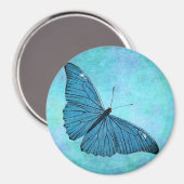 ヴィンテージティール(緑がかった色)ブルーバタフライ1800sイラストレーション マグネット (正面/裏面)