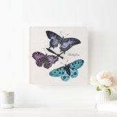 ヴィンテージティール(緑がかった色)ブルーパープルピンクバタフライスケッチ スクエア壁時計 (ホーム)