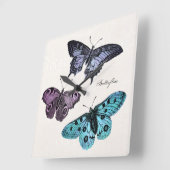 ヴィンテージティール(緑がかった色)ブルーパープルピンクバタフライスケッチ スクエア壁時計 (傾斜)