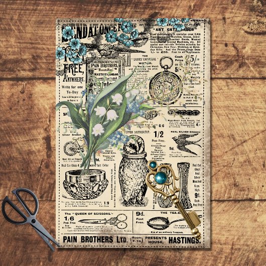 ヴィンテージティール（緑がかった色）ブルーフローラエフェメラデクページ紙 薄葉紙