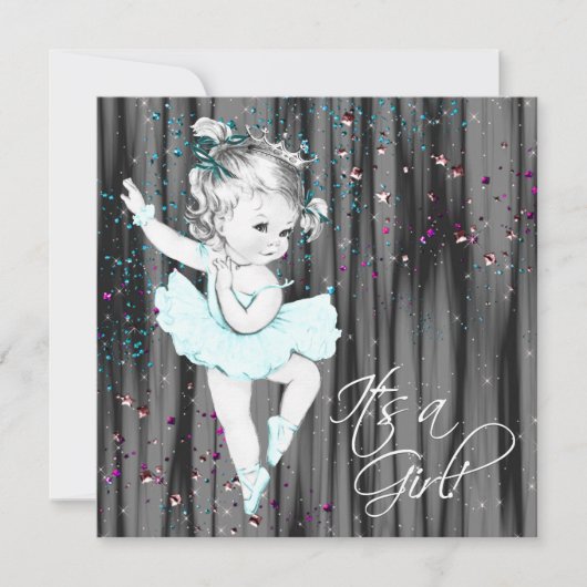 ヴィンテージティール（緑がかった色）ブルーベビーシャワー 招待状 (正面)