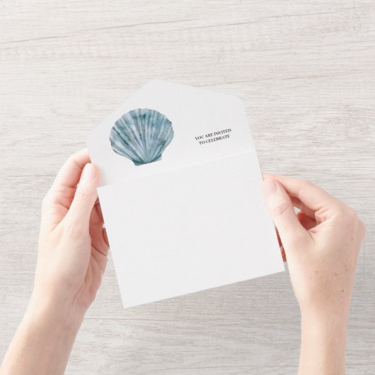 ヴィンテージティール(緑がかった色)ブルー独身のシーシェ結婚ル オールインワン招待状 (開いている状態)