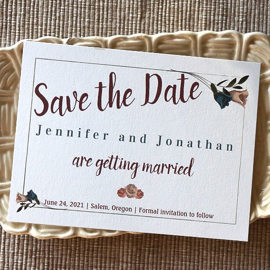 ヴィンテージティール（緑がかった色）、ベージュバラ結婚式の日付を保存 アドバイスカード