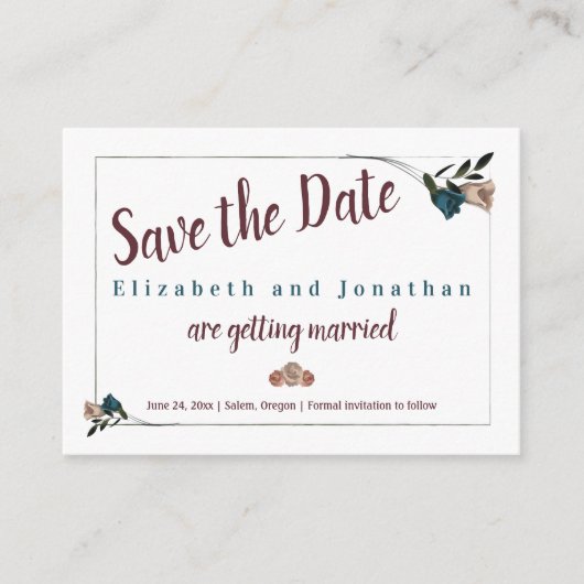 ヴィンテージティール（緑がかった色）、ベージュバラ結婚式の日付を保存 アドバイスカード (正面)