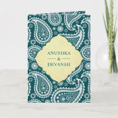ヴィンテージティール(緑がかった色)ペイズリーインディアンQRコー結婚ド 招待状 (正面)