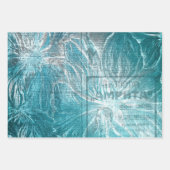 ヴィンテージティール(緑がかった色)ホワイトフローラルパターングリッタースパークル ラッピングペーパーシート (正面3)