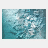 ヴィンテージティール(緑がかった色)ホワイトフローラルパターングリッタースパークル ラッピングペーパーシート (正面)