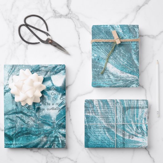 ヴィンテージティール(緑がかった色)ホワイトフローラルパターングリッタースパークル ラッピングペーパーシート (正面)