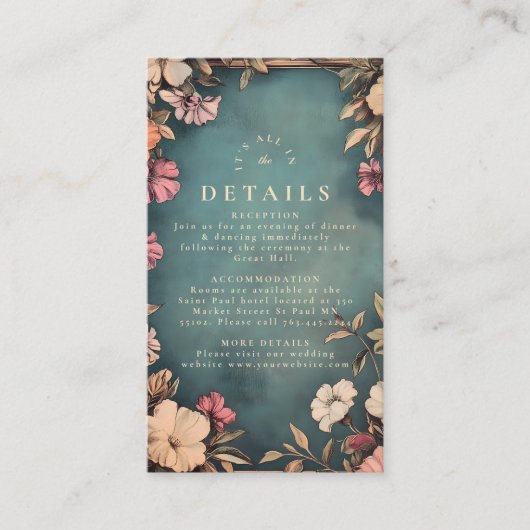 ヴィンテージティール(緑がかった色)ボタニカルアールヌーボー結婚ズ エンクロージャーカード (正面)