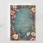 ヴィンテージティール(緑がかった色)ボタニカルアールヌーボー結婚ズ セーブザデート (正面)