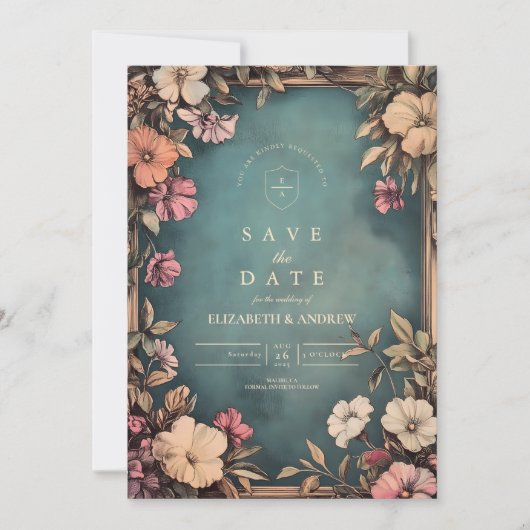 ヴィンテージティール（緑がかった色）ボタニカルアールヌーボー結婚ズ セーブザデート (正面)