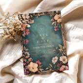 ヴィンテージティール（緑がかった色）ボタニカルアールヌーボー結婚ズ セーブザデート