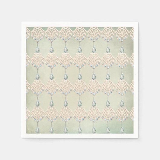 ヴィンテージティール(緑がかった色)ラインストーンビクトリアンシエレガントック スタンダードカクテルナプキン (正面)