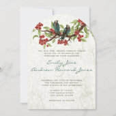 ヴィンテージティール（緑がかった色）ラブバーズレッドさくらんぼブロッサム 招待状 (正面)