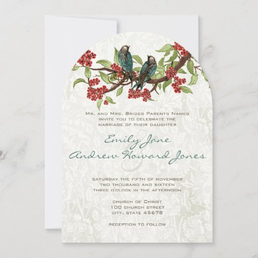 ヴィンテージティール（緑がかった色）ラブバーズレッドさくらんぼブロッサム 招待状 (正面)