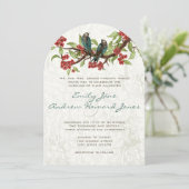 ヴィンテージティール（緑がかった色）ラブバーズレッドさくらんぼブロッサム 招待状 (スタンド正面)