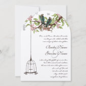 ヴィンテージティール（緑がかった色）ラブバードバードケージ&ピンク開花 招待状 (正面)