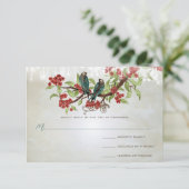 ヴィンテージティール(緑がかった色)ラブバードレッドブロッサムグレイ結婚ズ 出欠カード (スタンド正面)