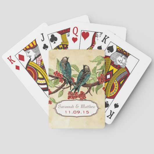 ヴィンテージティール(緑がかった色)ラブ結婚バードのギフト遊ズカード トランプ (裏面)