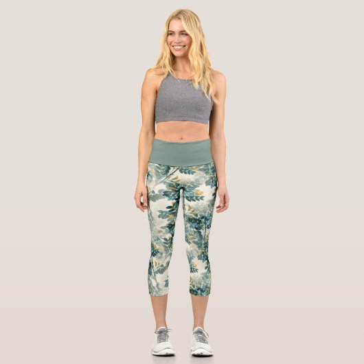 ヴィンテージティール（緑がかった色）リーフスタイリッシュシックヨガエクササイズ カプリレギンス (正面)