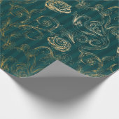ヴィンテージティール（緑がかった色）及び金ゴールドバラフローラ ラッピングペーパー (角)