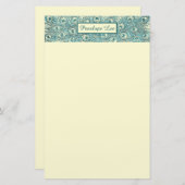 ヴィンテージティール（緑がかった色）孔雀の羽のヘッダーと名前 便箋 (正面/裏面)