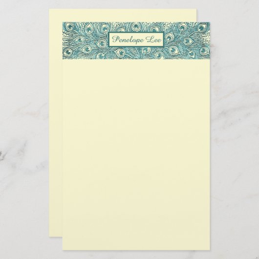 ヴィンテージティール（緑がかった色）孔雀の羽のヘッダーと名前 便箋 (正面/裏面)