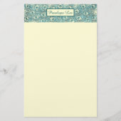 ヴィンテージティール（緑がかった色）孔雀の羽のヘッダーと名前 便箋 (正面)