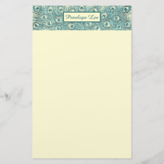 ヴィンテージティール（緑がかった色）孔雀の羽のヘッダーと名前 便箋