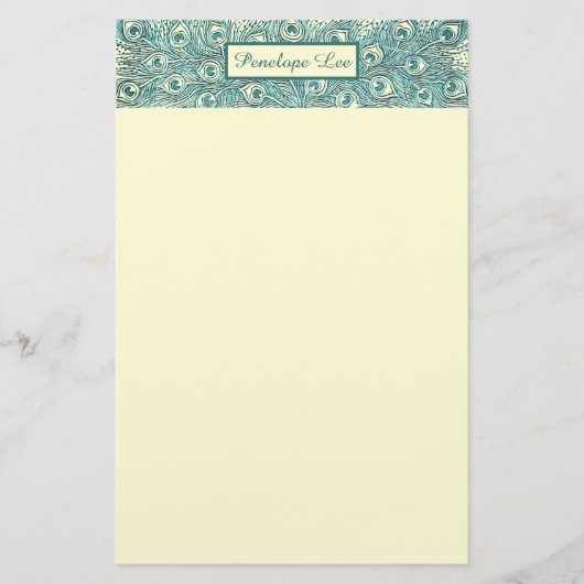 ヴィンテージティール（緑がかった色）孔雀の羽のヘッダーと名前 便箋 (正面)