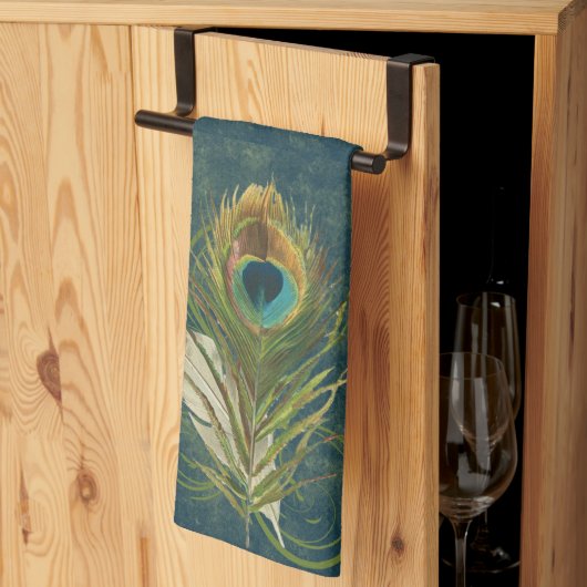 ヴィンテージティール（緑がかった色）孔雀スタイリッシュ羽 キッチンタオル (三つ折り)