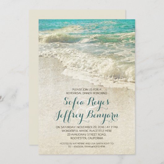 ヴィンテージティール（緑がかった色）海ビーチリハーサル夕食の招待 招待状 (正面/裏面)