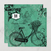 ヴィンテージティール（緑がかった色）自転車スクエア結婚式招待状 招待状 (正面/裏面)