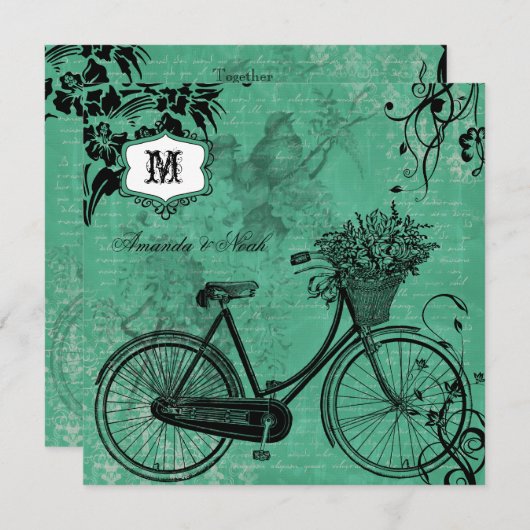 ヴィンテージティール（緑がかった色）自転車スクエア結婚式招待状 招待状 (正面/裏面)