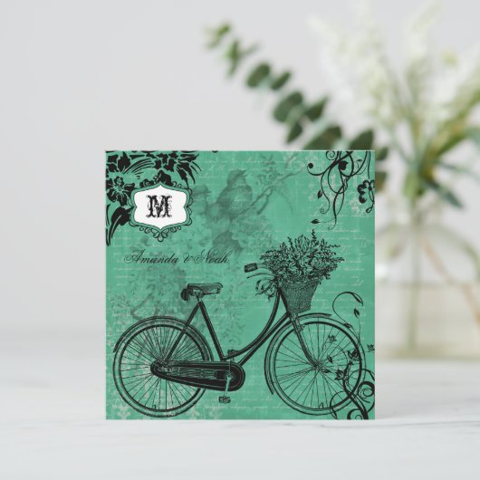 ヴィンテージティール（緑がかった色）自転車スクエア結婚式招待状 招待状 (スタンド正面)