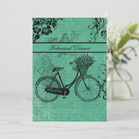 ヴィンテージティール(緑がかった色)自転車リハーサルディナー招待状 招待状 (スタンド正面)