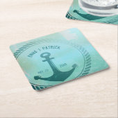 ヴィンテージティール(緑がかった色)航海のいかりカスタムウェディング特典 スクエアペーパーコースター (アングル)