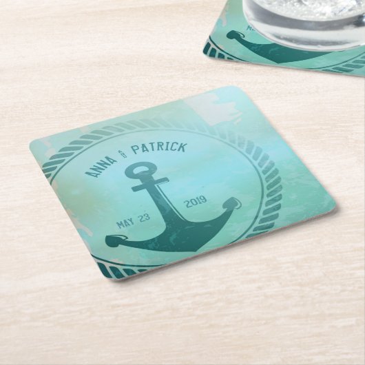 ヴィンテージティール(緑がかった色)航海のいかりカスタムウェディング特典 スクエアペーパーコースター (アングル)