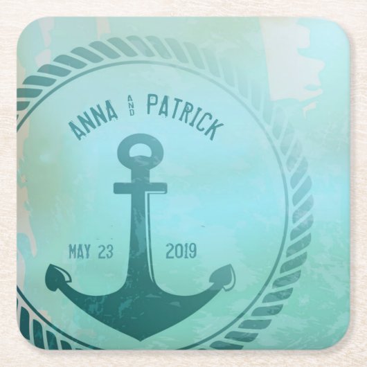 ヴィンテージティール(緑がかった色)航海のいかりカスタムウェディング特典 スクエアペーパーコースター (正面)