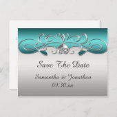 ヴィンテージティール（緑がかった色）華美銀の渦巻き日付保存 案内ポストカード (正面/裏面)