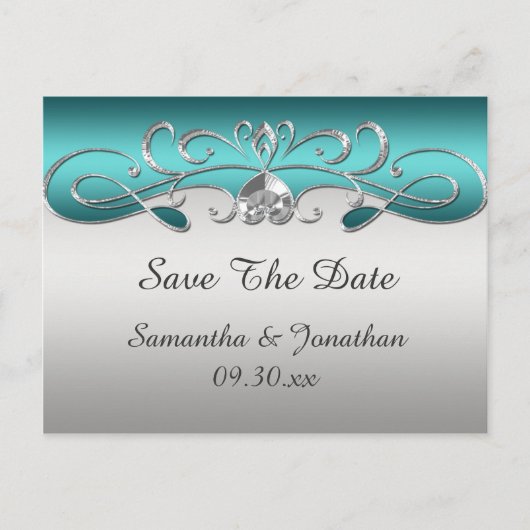 ヴィンテージティール（緑がかった色）華美銀の渦巻き日付保存 案内ポストカード (正面)