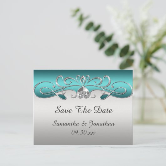 ヴィンテージティール(緑がかった色)華美銀の渦巻き日付保存 案内ポストカード (スタンド正面)