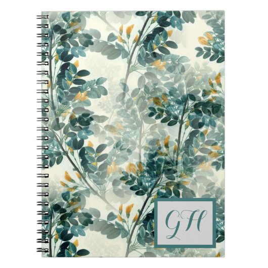 ヴィンテージティール（緑がかった色）葉リーフシッエレガントクデザイン ノートブック (正面)